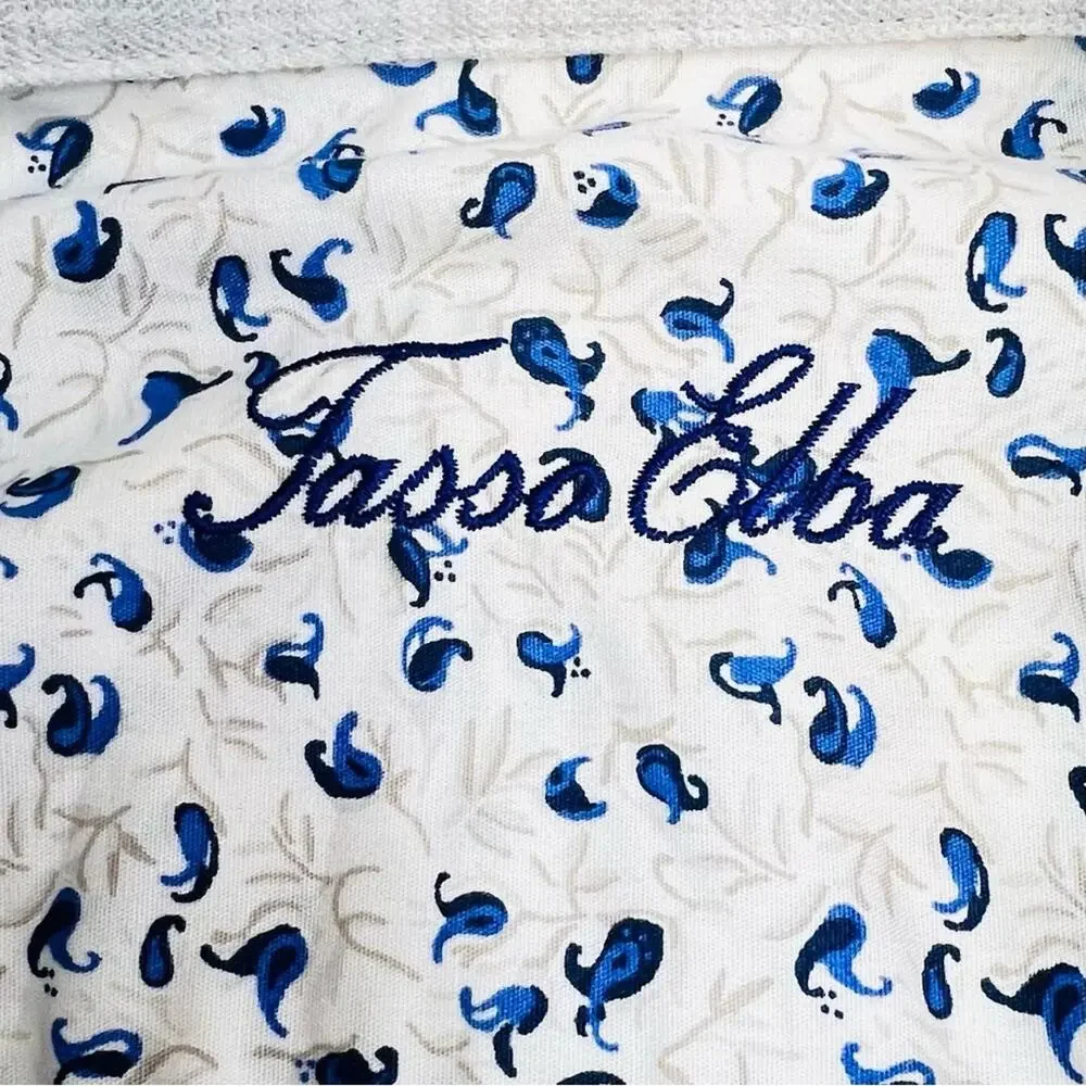 Tasso Elba Mens Shirt L White Blue Micro Paisley Short Sleeve Button Up Cotton
